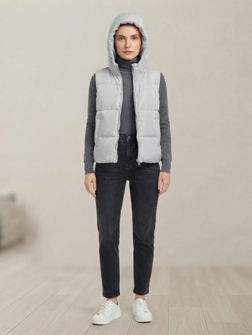 Charlotte Russe Gray Hooded Puffer Vest Size Small Y2K Casual Winter​,and Fall.